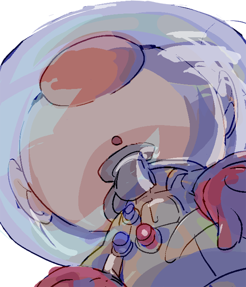 nandovo, olimar, nintendo, pikmin (series), commentary request, 1boy, big nose, buttons, closed eyes, cowboy shot, expressionless, from below, gloves, helmet, male focus, open mouth, pointy ears, red gloves, simple background, solo, space helmet, spacesuit, standing, whistle, white background