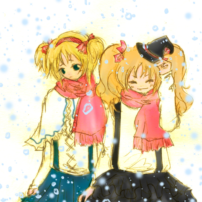 momoko (pixiv219000), alice margatroid, kirisame marisa, perfect cherry blossom, touhou, bad id, bad pixiv id, 2girls, alternate costume, alternate hairstyle, bad anatomy, blonde hair, female focus, hat, multiple girls, ribbon, scarf, snow, snowing, suspenders, twintails