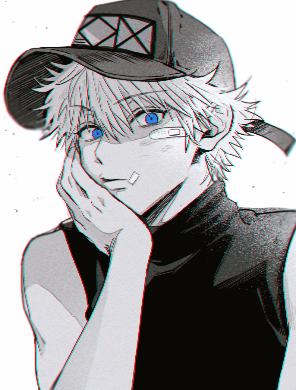 killua zoldyck, hunter x hunter, commentary request, highres, korean commentary, 1boy, alrlmigi, bandaid, bandaid on face, baseball cap, blue eyes, closed mouth, hand on own face, hat, head rest, looking at viewer, male focus, short hair, simple background, sleeveless, sleeveless turtleneck, solo, turtleneck, upper body, white background