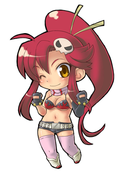 rokko, yoko littner, tengen toppa gurren lagann, bad id, bad pixiv id, 00s, ahoge, belt, bikini, bikini top only, boots, chibi, gloves, hair ornament, long hair, midriff, one eye closed, pink thighhighs, ponytail, red hair, scarf, shorts, solo, swimsuit, thighhighs, wink, yellow eyes
