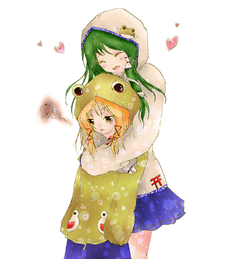 momoko (pixiv219000), kochiya sanae, moriya suwako, touhou, bad id, bad pixiv id, 2girls, female focus, frog, green hair, hood, hooded jacket, jacket, multiple girls, ribbon