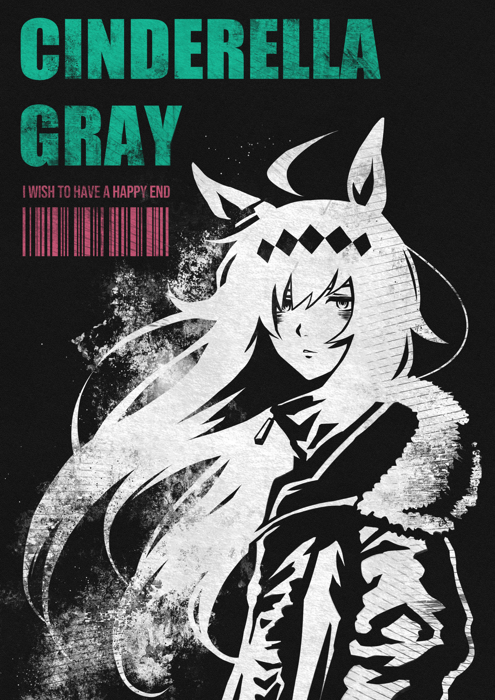 shironism, oguri cap (umamusume), umamusume, umamusume: cinderella gray, highres, 1girl, ahoge, animal ears, bags under eyes, barcode, coat, copyright name, english text, fur-trimmed coat, fur trim, horse ears, horse girl, long hair, looking at viewer, partially colored, solo, white hair
