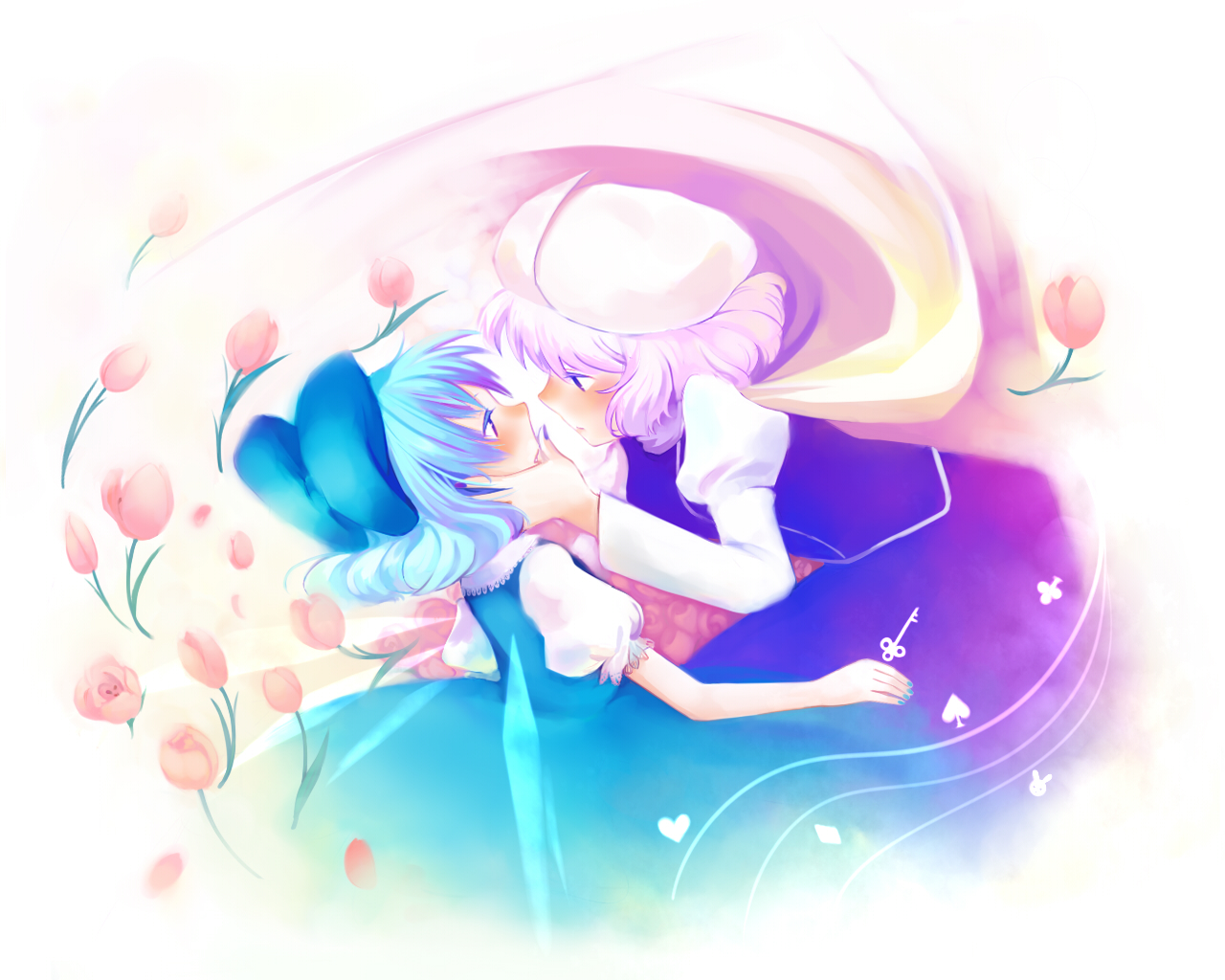 mame usagi, cirno, letty whiterock, touhou, 2girls, blue hair, blue nails, blush, bow, clubs, couple, diamond (shape), eye contact, female focus, flower, hair bow, hand on another's face, hat, heart, key, looking at another, multiple girls, nail polish, rose, spade, tulip, wings, yuri