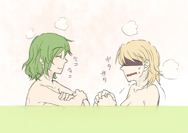torinone, alice margatroid, kazami yuuka, touhou, bad id, bad pixiv id, 2girls, arm rest, bare shoulders, bath, blonde hair, breasts, cleavage, closed eyes, crossed arms, female focus, green hair, multiple girls, nervous, nude, open mouth, same-sex bathing, scared, shaded face, shared bathing, short hair, shy, sitting, smile, steam, sweat, trembling, water, wavy mouth, wet, yuri