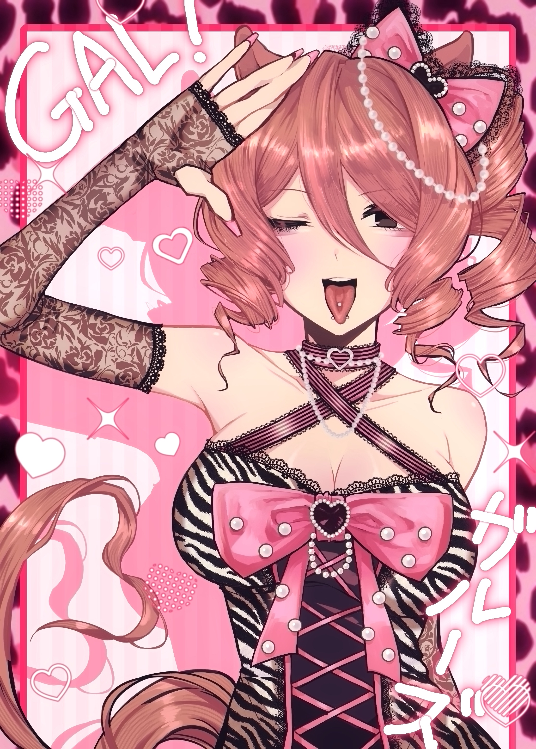 shironism, norn ace (umamusume), umamusume, umamusume: cinderella gray, absurdres, highres, 1girl, amesuku gyaru, black eyes, border, bow, breasts, brown hair, cleavage, criss-cross halter, drill hair, english text, fingerless gloves, fingernails, gloves, gyaru, halterneck, heart, horse girl, horse tail, jewelry, kogal, large breasts, long fingernails, nail polish, necklace, one eye closed, outside border, pearl necklace, piercing, tail, tongue, tongue out, tongue piercing