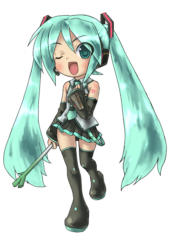 rokko, hatsune miku, vocaloid, bad id, bad pixiv id, aqua eyes, aqua hair, detached sleeves, headset, long hair, necktie, one eye closed, skirt, solo, spring onion, thighhighs, twintails, wink