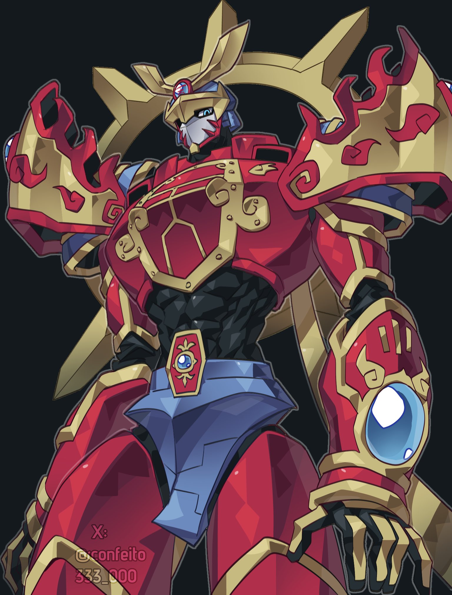confeito000 333, susanoomon, digimon, highres, 1boy, armor, black background, blue eyes, cowboy shot, digimon (creature), male focus, red armor, simple background, solo