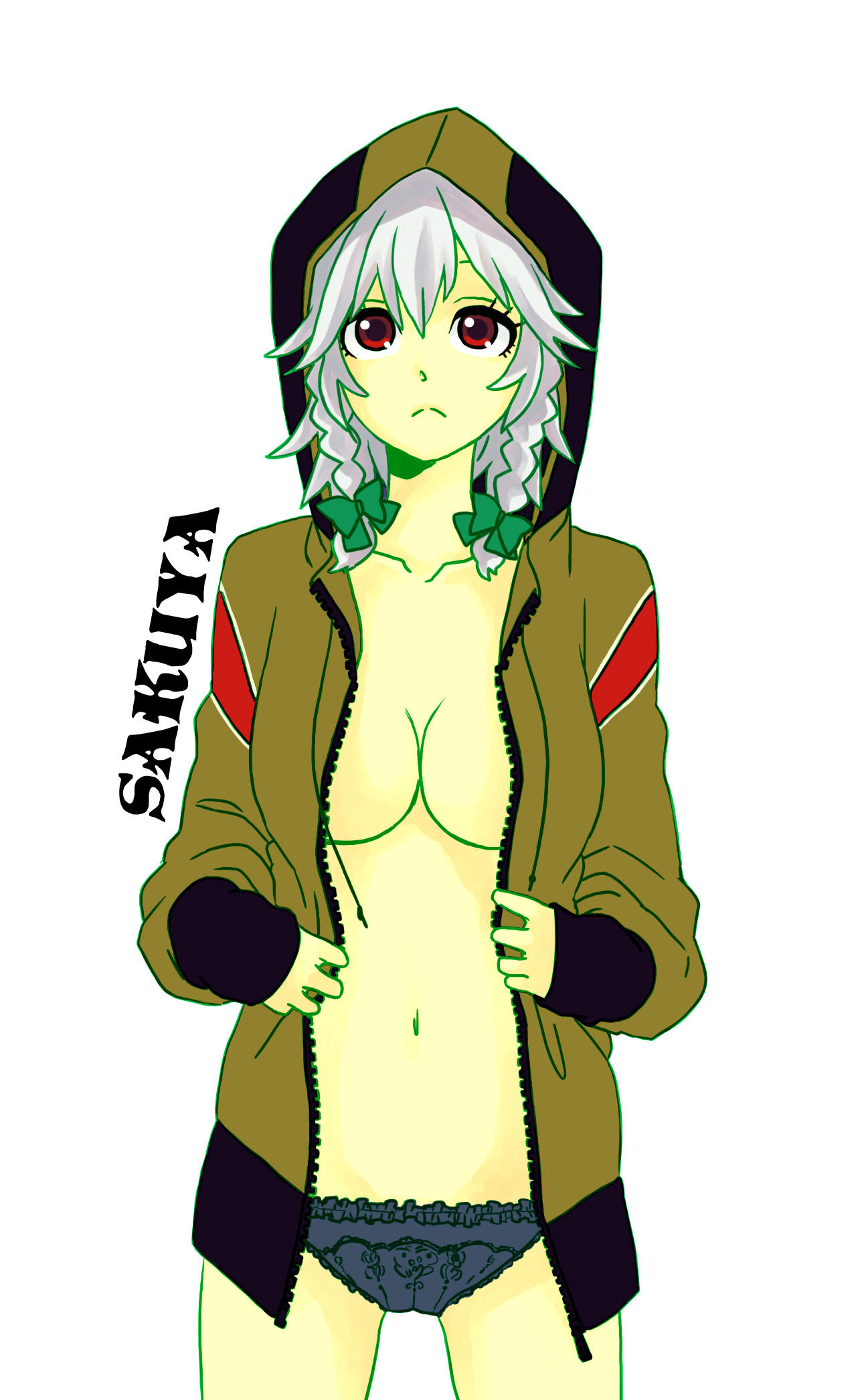 nyamomi, izayoi sakuya, touhou, highres, 1girl, braid, female focus, hood, hooded jacket, jacket, lace, lingerie, no bra, open clothes, open robe, panties, red eyes, ribbon, robe, solo, twin braids, underwear