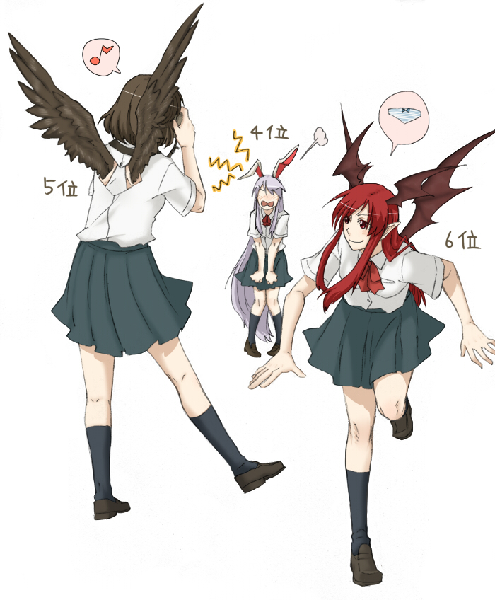 torinone, koakuma, reisen udongein inaba, shameimaru aya, embodiment of scarlet devil, touhou, 3girls, alternate costume, animal ears, bat wings, black wings, blush, brown hair, female focus, head wings, long hair, multiple girls, pointy ears, purple hair, rabbit ears, red eyes, red hair, school uniform, short hair, skirt, wings