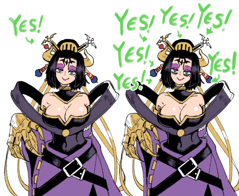wanderjegson, lilithmon, digimon, 1girl, arrow (symbol), bags under eyes, bare shoulders, belt, black hair, blue eyes, breasts, cleavage, dress, english text, eyeshadow, facial mark, female focus, forehead mark, horns, large breasts, looking at viewer, purple dress, purple eyeshadow, purple lips, shiny skin, short hair, smile, solo, white background