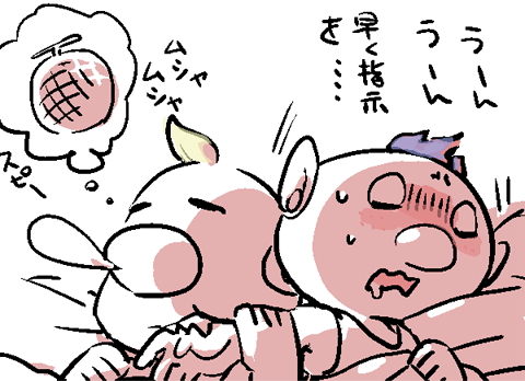 nandovo, alph (pikmin), louie (pikmin), nintendo, pikmin (series), lowres, 2boys, bare arms, bare shoulders, big nose, blonde hair, blue hair, blush, dreaming, ear wiggle, food, freckles, fruit, furrowed brow, holding another's arm, lying, male focus, melon, military vehicle, motion lines, motor vehicle, multiple boys, nervous sweating, nose bubble, on back, on bed, open mouth, sharp teeth, short hair, sleeping, speech bubble, spoken food, squeans, sweat, tank, teeth, thought bubble, under covers, upper body, very short hair, wavy mouth, white background