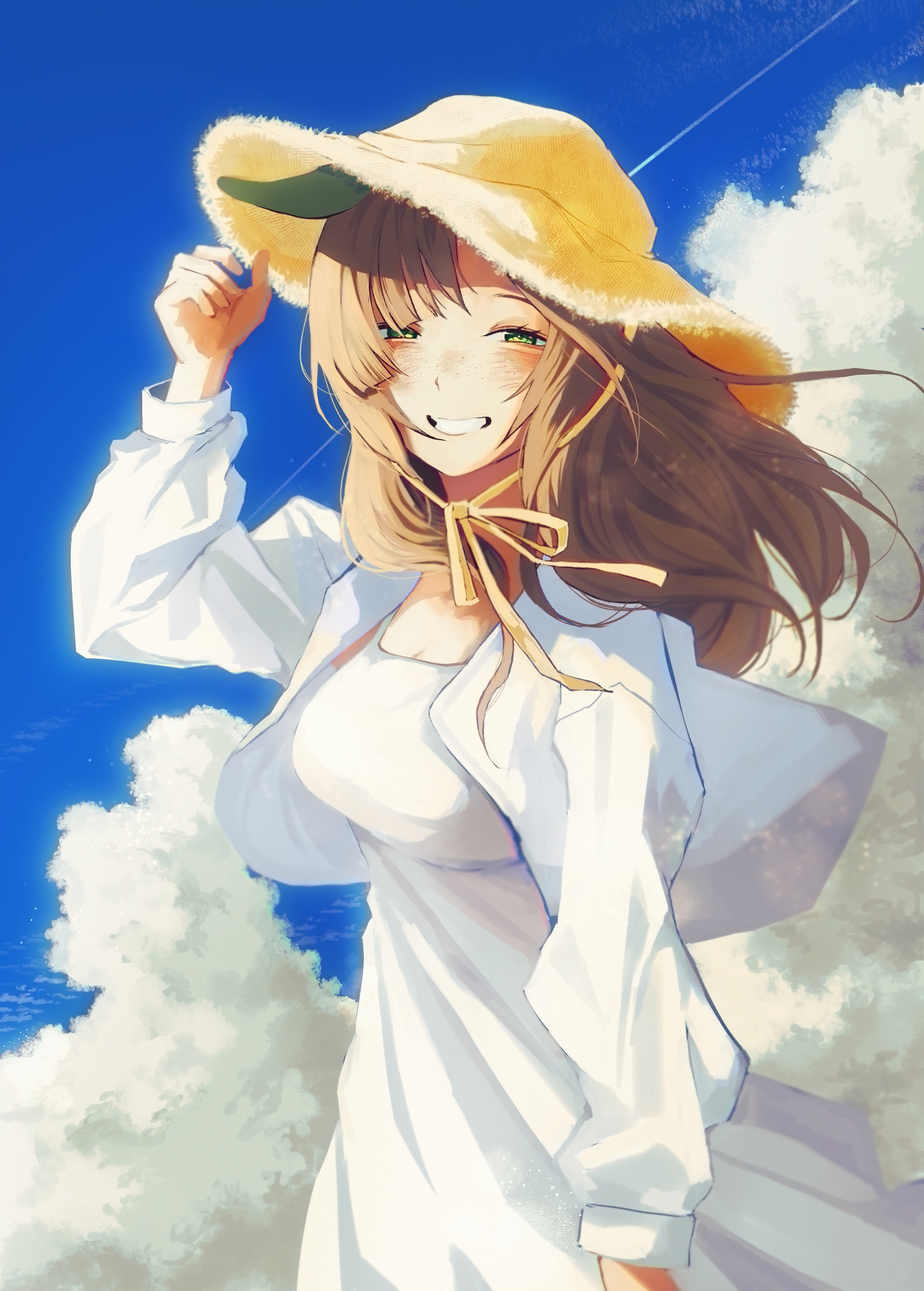 shironism, ines fujin (umamusume), umamusume, absurdres, highres, 1girl, blue sky, brown hair, cloud, cropped jacket, dress, green eyes, grin, half-closed eyes, hat, horse girl, jacket, looking at viewer, sky, smile, solo, sundress, white dress, white jacket