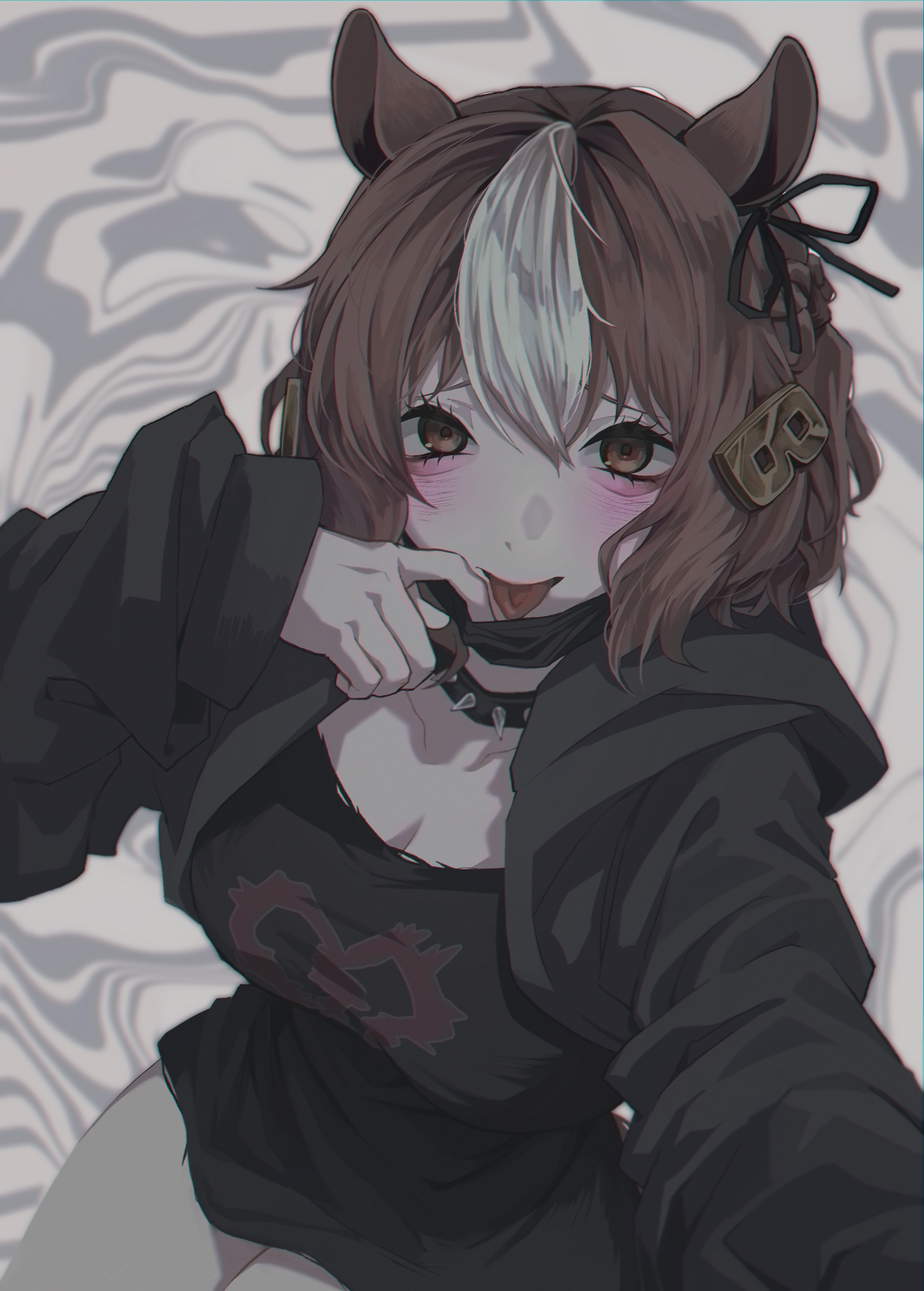 shironism, belno light (umamusume), umamusume, umamusume: cinderella gray, absurdres, highres, 1girl, animal ears, bags under eyes, black jacket, black shirt, blush, brown hair, collar, goth fashion, horse ears, horse girl, jacket, looking at viewer, mask, mouth mask, official alternate costume, reaching, reaching towards viewer, shirt, solo, spiked collar, spikes, tongue, tongue out, white hair