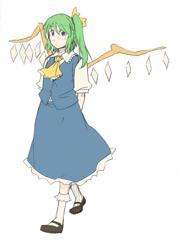 torinone, daiyousei, flandre scarlet, embodiment of scarlet devil, touhou, bad id, bad pixiv id, 1girl, arms behind back, black shoes, blouse, blue eyes, blue skirt, bobby socks, collared shirt, female focus, full body, green hair, hair between eyes, if they mated, looking at viewer, mary janes, ponytail, puffy short sleeves, puffy sleeves, shirt, shoes, short sleeves, side ponytail, simple background, skirt, socks, solo, standing, vest, walking, white background, white shirt, white socks, wings