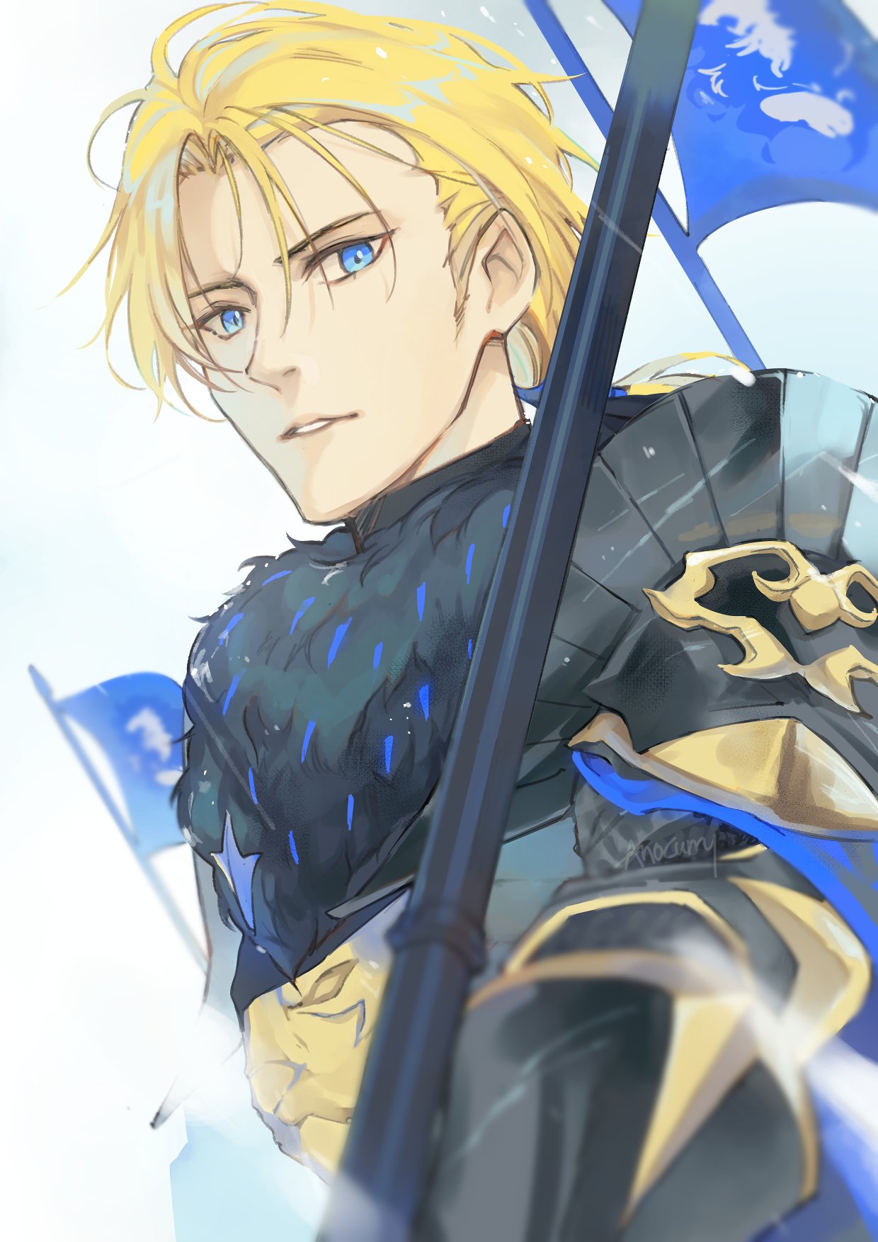anocurry, dimitri alexandre blaiddyd, fire emblem, fire emblem: three houses, fire emblem warriors: three hopes, nintendo, commentary, english commentary, highres, 1boy, armor, blonde hair, blue eyes, breastplate, flag, looking at viewer, male focus, medium sideburns, official alternate costume, official alternate hairstyle, ornate armor, parted lips, polearm, solo, teeth, upper body, weapon, white background