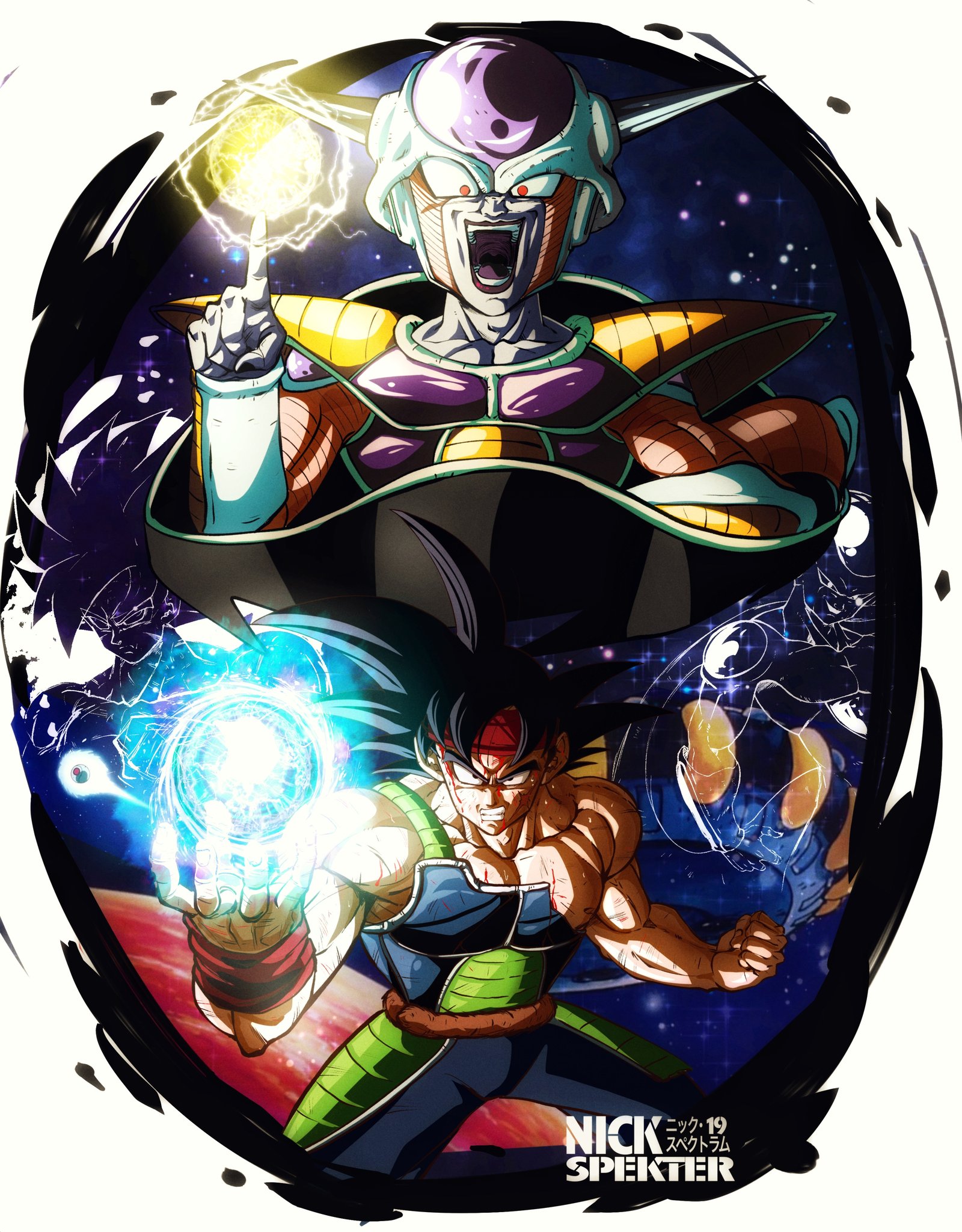 nickelespektro, bardock, frieza, dragon ball, dragonball z, highres, armor, black eyes, black hair, cross scar, facial scar, headband, looking at viewer, male focus, monkey boy, monkey tail, multiple boys, muscular, muscular male, open mouth, saiyan, saiyan armor, scar, scar on cheek, scar on face, short hair, simple background, smile, spiked hair, tail, tail around own waist, wristband