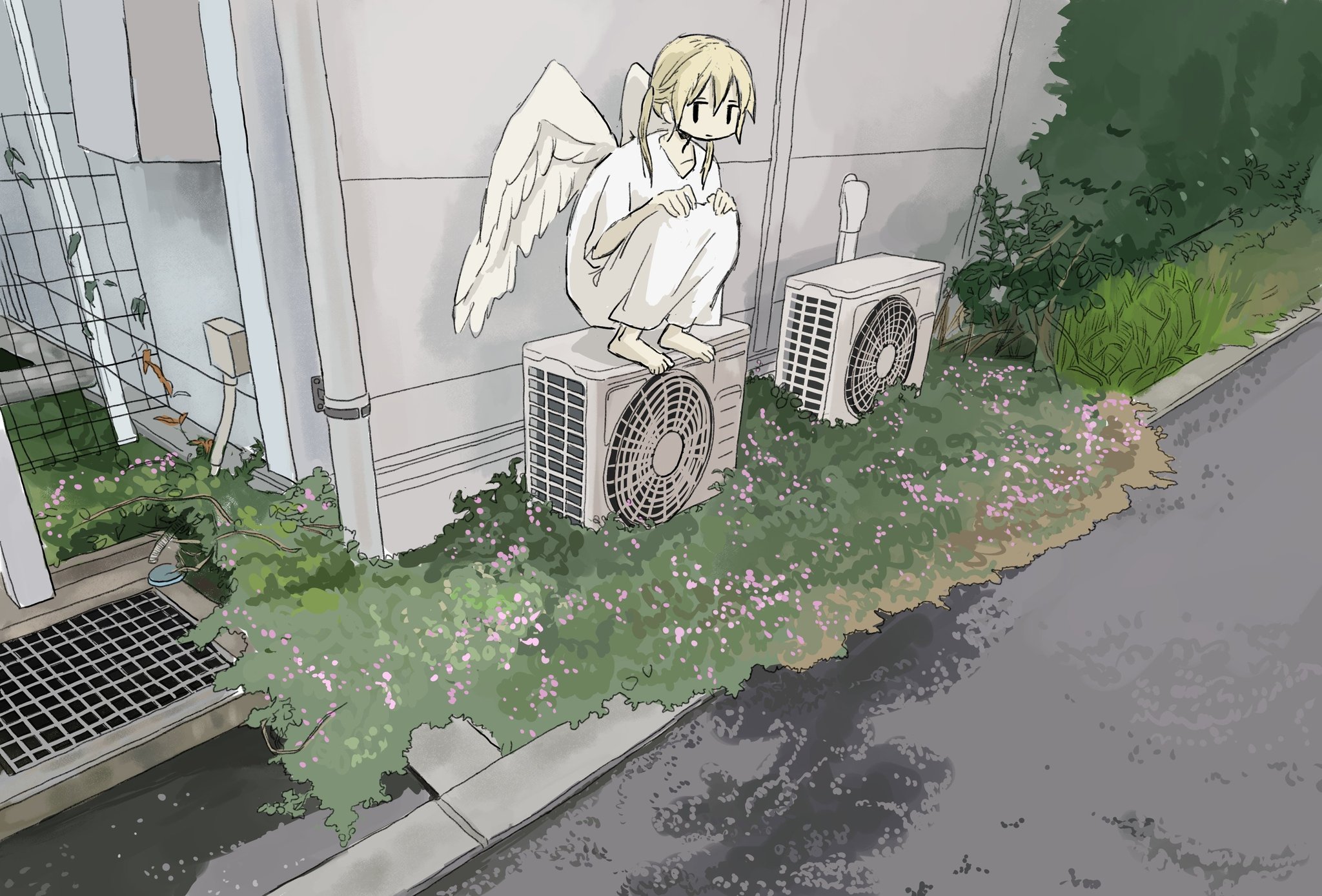 original, highres, 1girl, ag24q, air conditioner, angel, angel wings, barefoot, blonde hair, building, bush, expressionless, flower, grass, grate, robe, scenery, squatting, twintails, white robe, wings