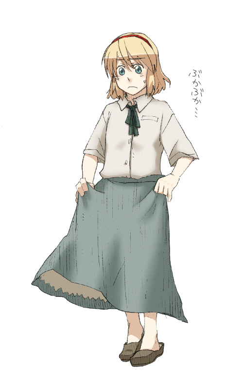 torinone, alice margatroid, touhou, bad id, bad pixiv id, 1girl, blonde hair, blue eyes, female focus, full body, hairband, short hair, simple background, solo, standing, white background