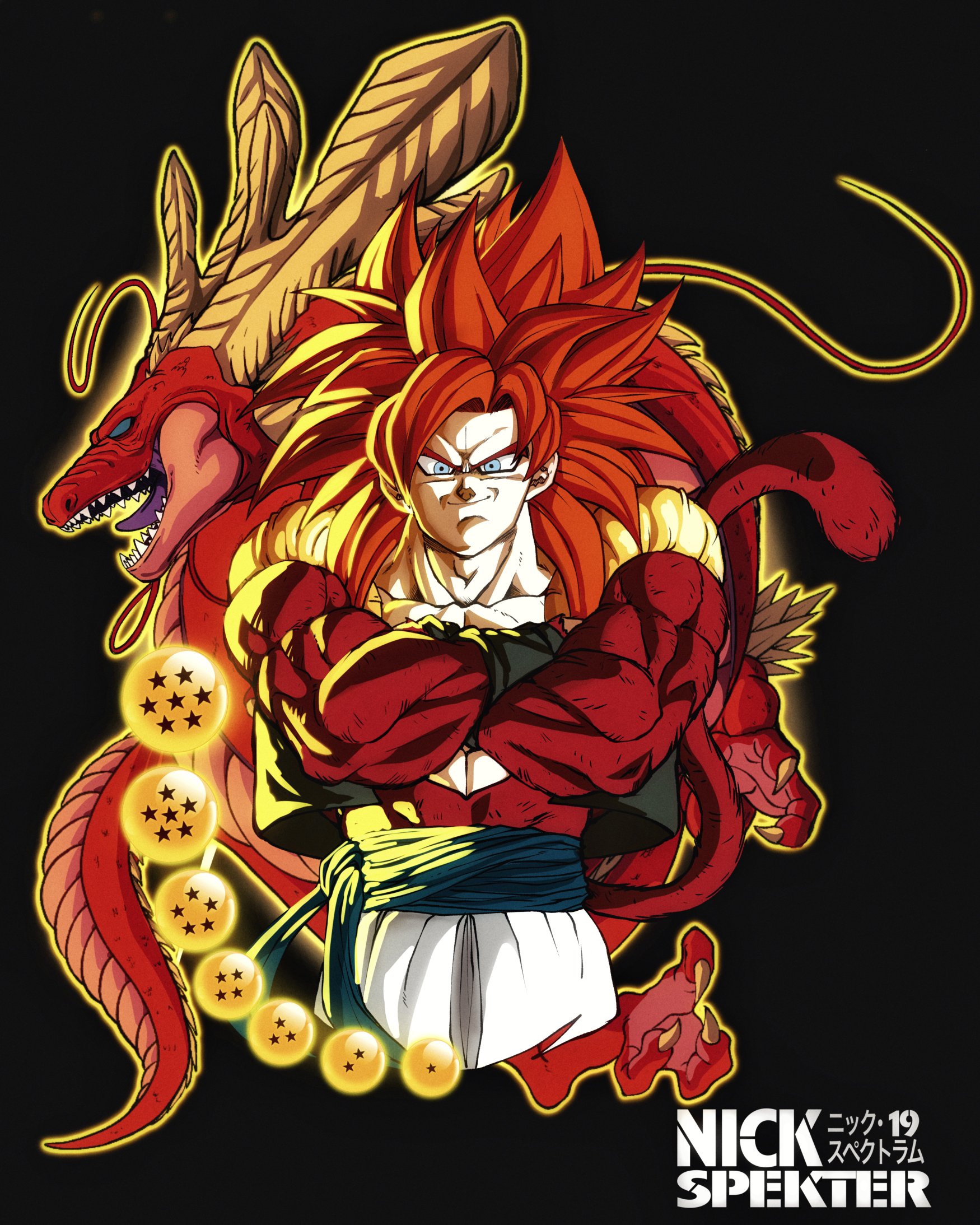 nickelespektro, gogeta, ultimate shenron, dragon ball, dragon ball gt, highres, 1boy, blue eyes, blue sash, body fur, dragon, eastern dragon, long hair, looking at viewer, male focus, metamoran vest, monkey boy, monkey tail, muscular, muscular male, open mouth, pants, pectorals, red fur, red hair, saiyan, sash, smile, solo, spiked hair, super saiyan, super saiyan 4, tail, teeth, white pants