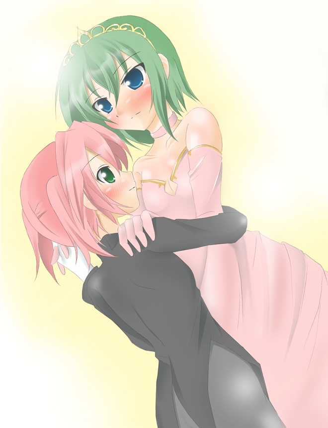 kuro inu, kuroinu (sonoba shinogi), iwasaki minami, kobayakawa yutaka, lucky star, 00s, 2girls, blush, dancing, dress, elbow gloves, formal clothes, gloves, multiple girls, pant suit, pants, role reversal, suit, tiara, tuxedo