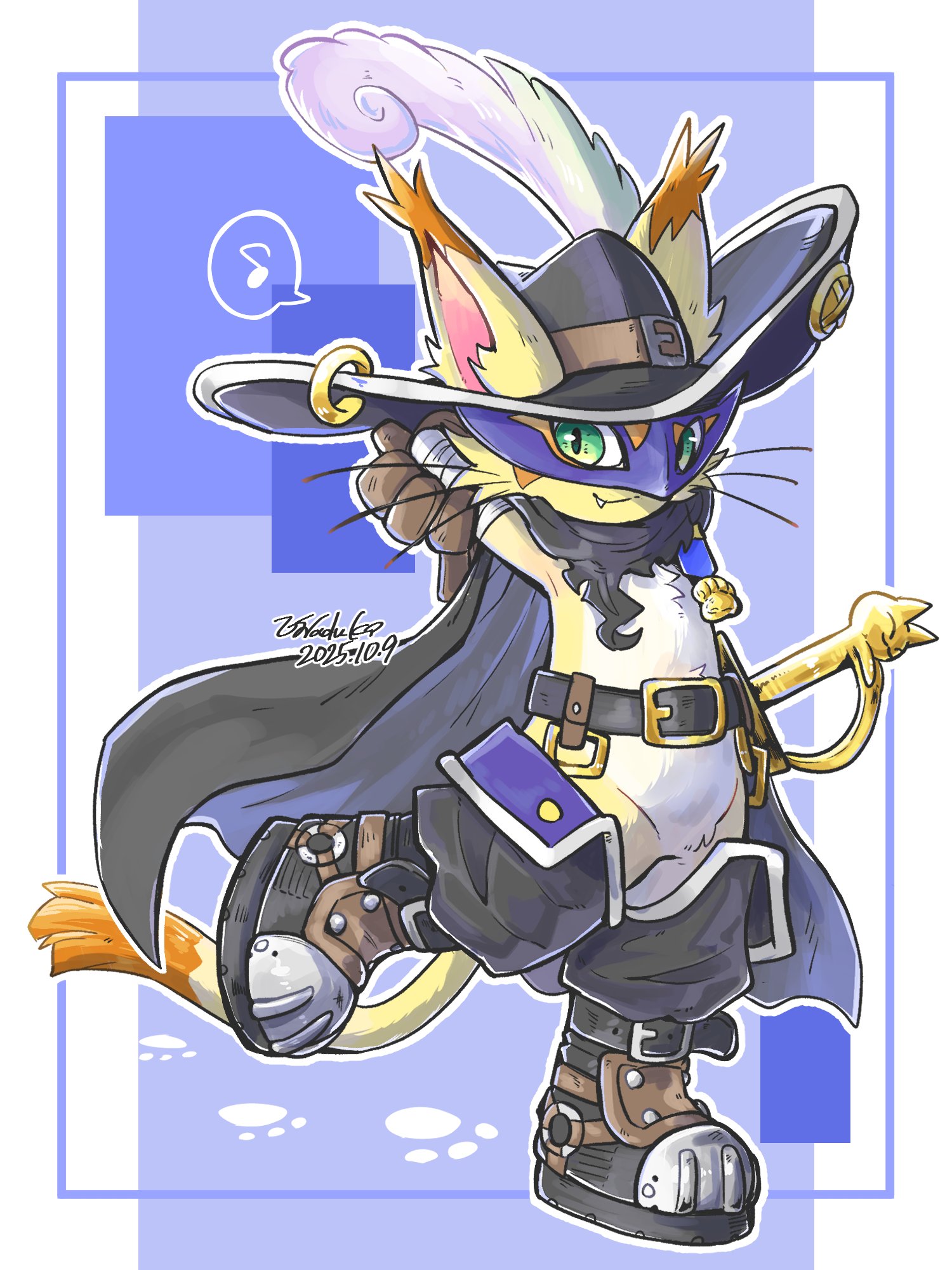 u-n (duki2585), nyabootmon, digimon, highres, arms behind head, black boots, black cape, black hat, black pants, blue background, boots, brown gloves, cape, cat, digimon (creature), eye mask, full body, gloves, hat, hat feather, mask, musical note, pants, purple mask, simple background, speech bubble, spoken musical note, sword, weapon