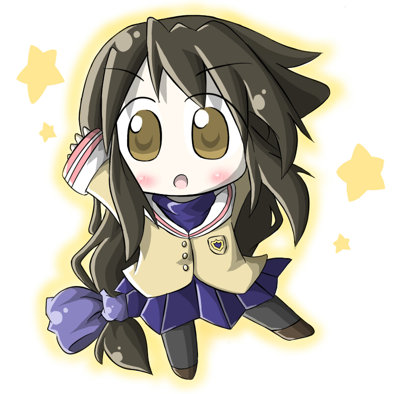 aoblue, ibuki fuuko, clannad, 00s, :o, o/, arms up, black hair, blazer, blush, brown eyes, chibi, jacket, long hair, outstretched arms, pantyhose, school uniform, solo, star (symbol)