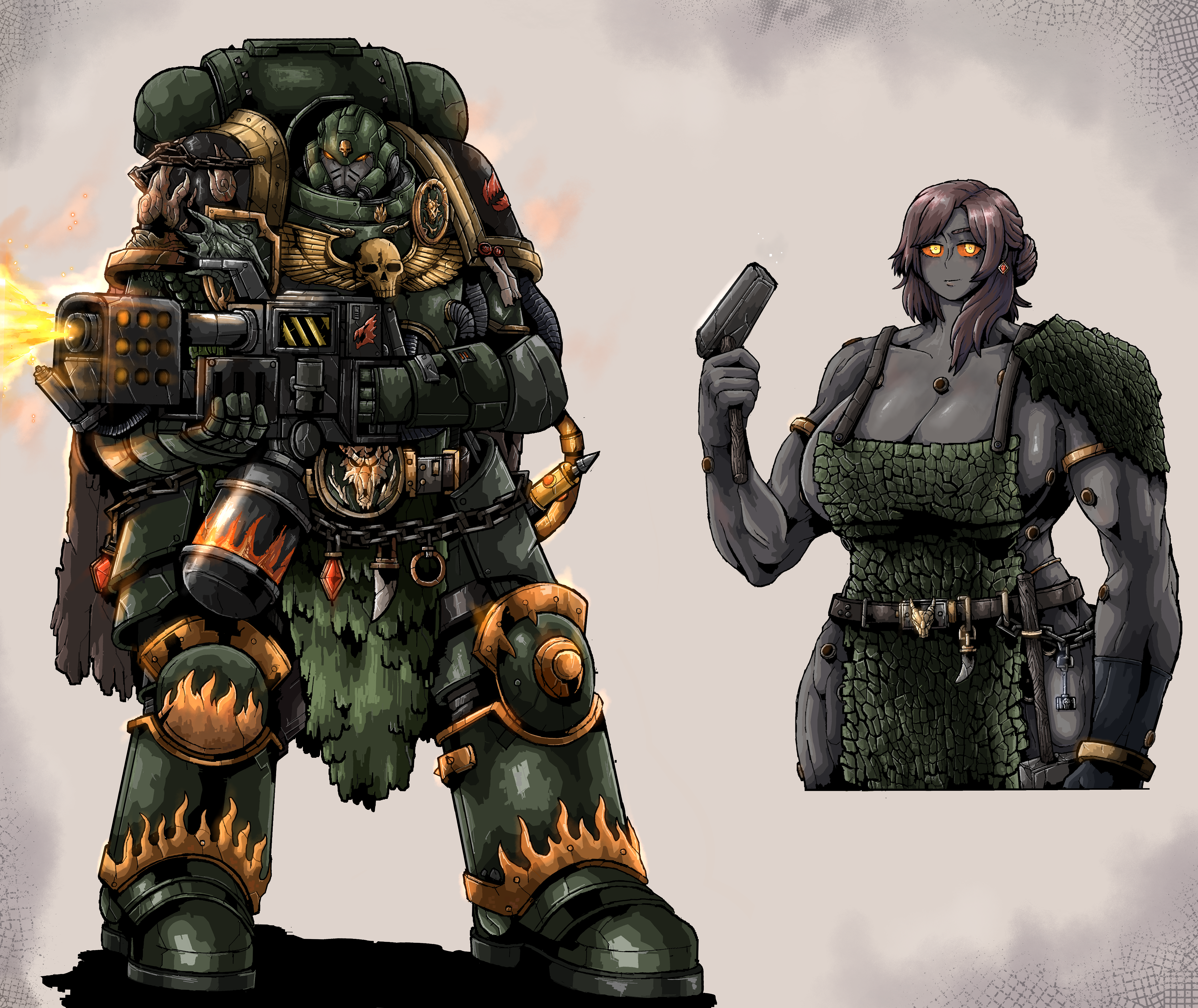 octosoup, adeptus astartes, warhammer 40k, absurdres, highres, 1girl, apron, armor, black skin, breasts, cleavage, colored sclera, colored skin, dark skin, flamer, flamethrower, full armor, gauntlets, genderswap, genderswap (mtf), helmet, huge breasts, imperial aquila, muscular, muscular female, orange sclera, pauldrons, power armor, salamanders (warhammer), shoulder armor, very dark skin, weapon, white eyes