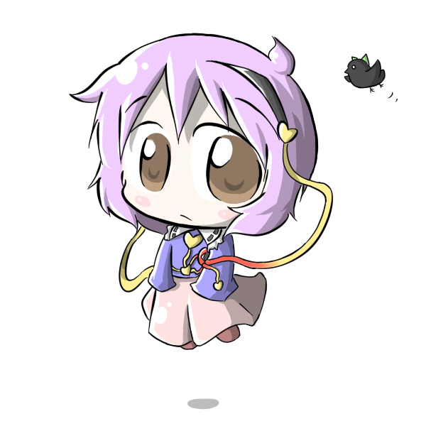 aoblue, komeiji satori, reiuji utsuho, reiuji utsuho (bird), touhou, 1girl, bird, brown eyes, chibi, female focus, floating, purple hair, solo