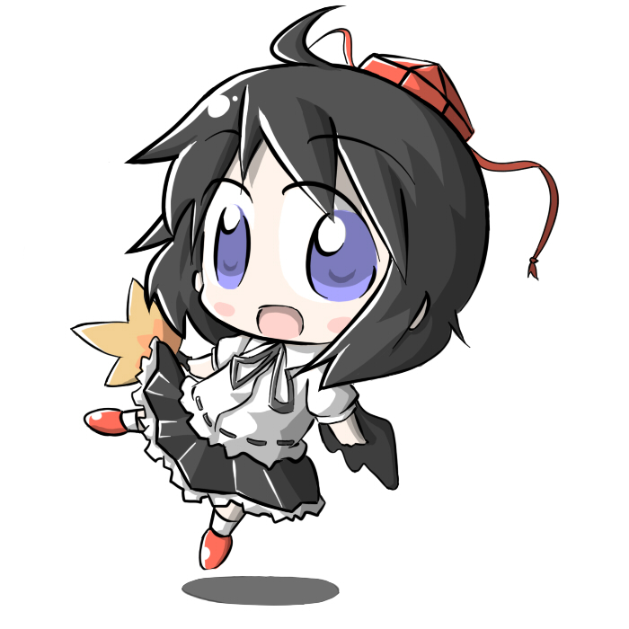 aoblue, shameimaru aya, touhou, 1girl, black hair, black wings, blue eyes, chibi, female focus, hand fan, hat, looking at viewer, open mouth, smile, solo, tokin hat, wings