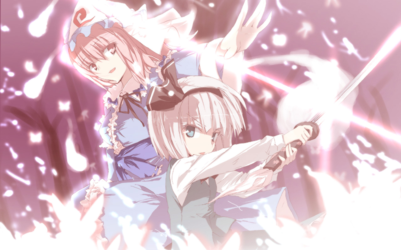 h@ll, halluka, konpaku youmu, konpaku youmu (ghost), saigyouji yuyuko, touhou, silver hair, bad id, bad pixiv id, 2girls, bow, bug, butterfly, female focus, green eyes, hair bow, hairband, hitodama, insect, japanese clothes, katana, kimono, multiple girls, obi, pink eyes, pink hair, sash, short hair, sword, tree, triangular headpiece, vest, weapon
