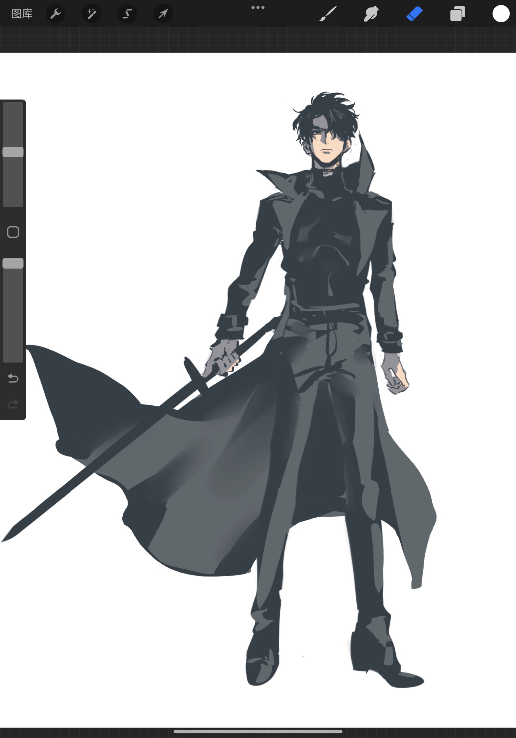 mrjieshisu, yoo joonghyuk, omniscient reader's viewpoint, screencap, highres, 1boy, art program in frame, black coat, black hair, black shirt, coat, crew neck, curtained hair, full body, holding, holding sword, holding weapon, looking at viewer, male focus, open clothes, open coat, partially shaded face, popped collar, serious, shirt, short hair, solo, standing, sword, weapon, wind, wind lift