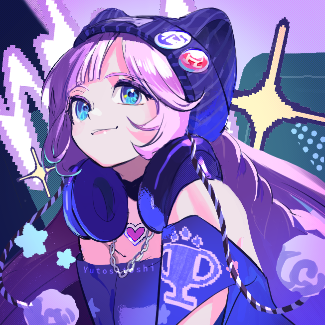 anyoji hime, link! like! love live!, love live!, commentary, 1girl, artist name, beanie, black choker, blue eyes, braid, choker, closed mouth, hat, headphones, headphones around neck, long hair, nyao signyal, off-shoulder shirt, off shoulder, official alternate costume, pink hair, purple hat, purple shirt, shirt, smile, solo, sparkle, virtual youtuber, yutosatoshi