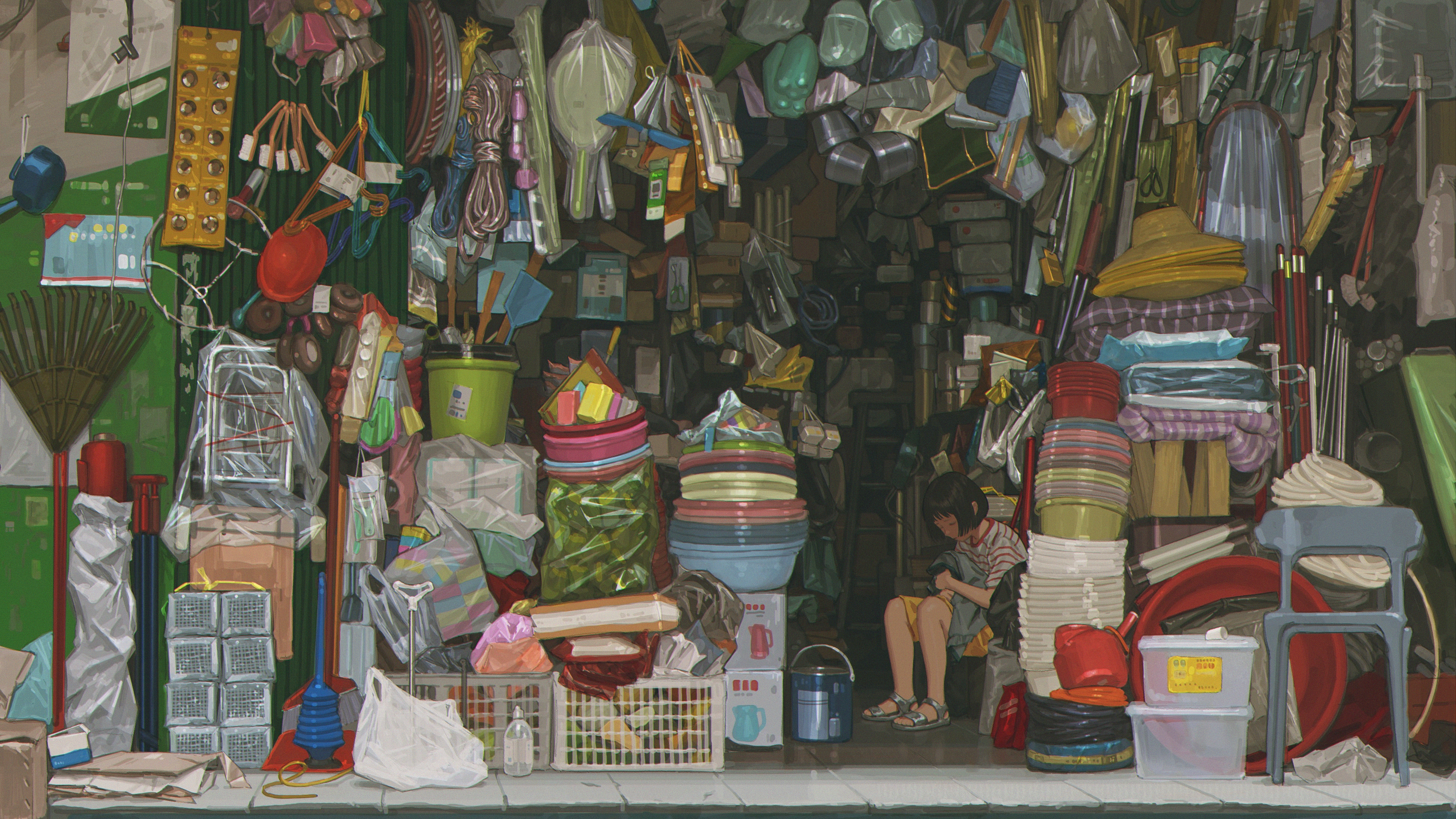 wang-xi, original, absurdres, highres, 1girl, bag, bob cut, box, brown hair, bucket, building, chair, closed eyes, clothes hanger, hat, ladder, plastic bag, plastic bottle, racket, rake, sandals, scenery, shadow, shirt, short hair, shorts, shovel, sidewalk, sitting, striped clothes, striped shirt, yellow hat, yellow shorts