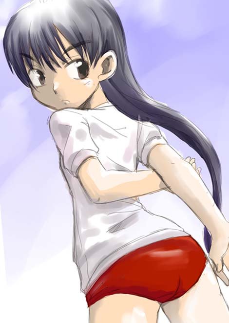 mashiman, ninamori eri, flcl, 00s, black hair, brown eyes, buruma, dutch angle, long hair, looking back, sky, solo