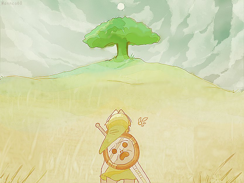 link, tatl, nintendo, the legend of zelda, the legend of zelda: majora's mask, 1boy, annco60, blonde hair, cloud, cloudy sky, cowboy shot, fairy, from behind, grass, hat, mirror shield, shield, shield on back, sky, solo, sword, sword on back, tree, weapon on back