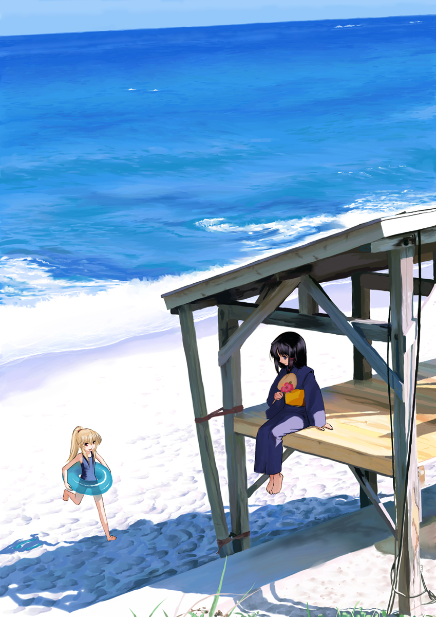 fana, mocha, kuze kiriha, sendou kaya, fortune arterial, highres, 2girls, barefoot, beach, black hair, blonde hair, day, hand fan, innertube, japanese clothes, kimono, long hair, multiple girls, ocean, one-piece swimsuit, outdoors, ponytail, school swimsuit, swim ring, swimsuit, water, yukata