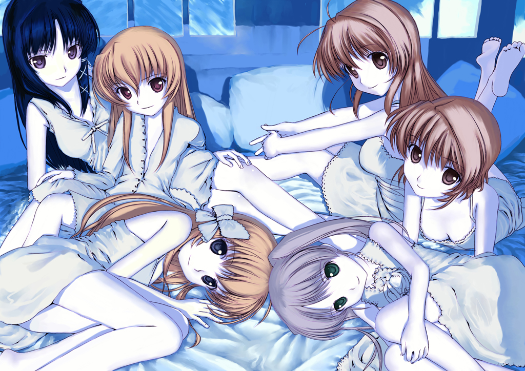 mocha, kuze kiriha, sendou erika, sendou kaya, tougi shiro, yuuki haruna, yuuki kanade, fortune arterial, 6+girls, barefoot, bed, chemise, female focus, lingerie, long hair, multiple girls, twintails, underwear