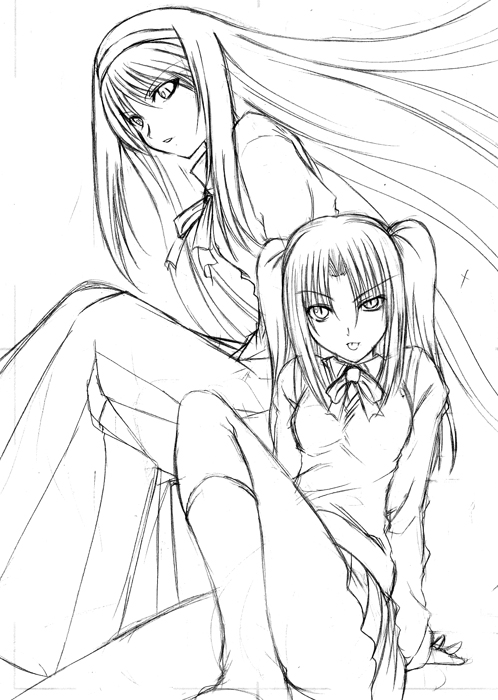 hagane soushi, tohno akiha, yumizuka satsuki, tsukihime, 00s, greyscale, hairband, long hair, monochrome, school uniform, sketch, tongue, twintails, two side up