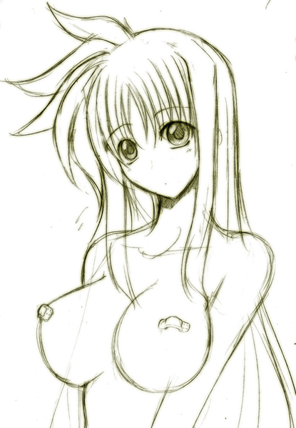 hagane soushi, fate testarossa, lyrical nanoha, mahou shoujo lyrical nanoha, mahou shoujo lyrical nanoha strikers, 00s, 1girl, bandaid, bandaids on nipples, breasts, female focus, long hair, monochrome, pasties, sketch, solo, upper body, very long hair