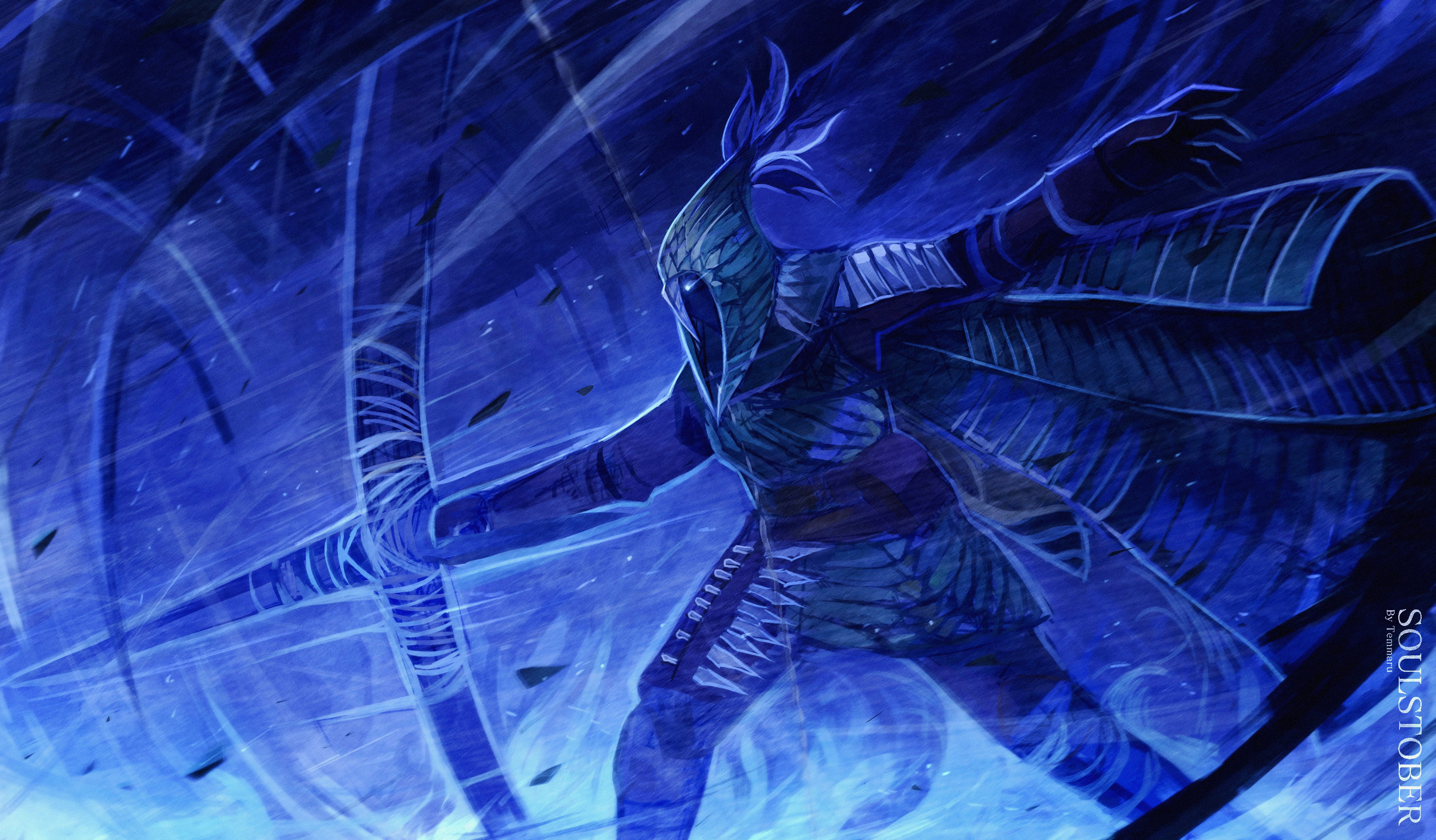 temmaru1, ironeye (elden ring), elden ring, elden ring nightreign, absurdres, commentary, english commentary, highres, 1boy, archery, artist name, blue theme, bow (weapon), cape, glowing, glowing eye, holding, holding bow (weapon), holding weapon, inktober, male focus, solo, standing, weapon