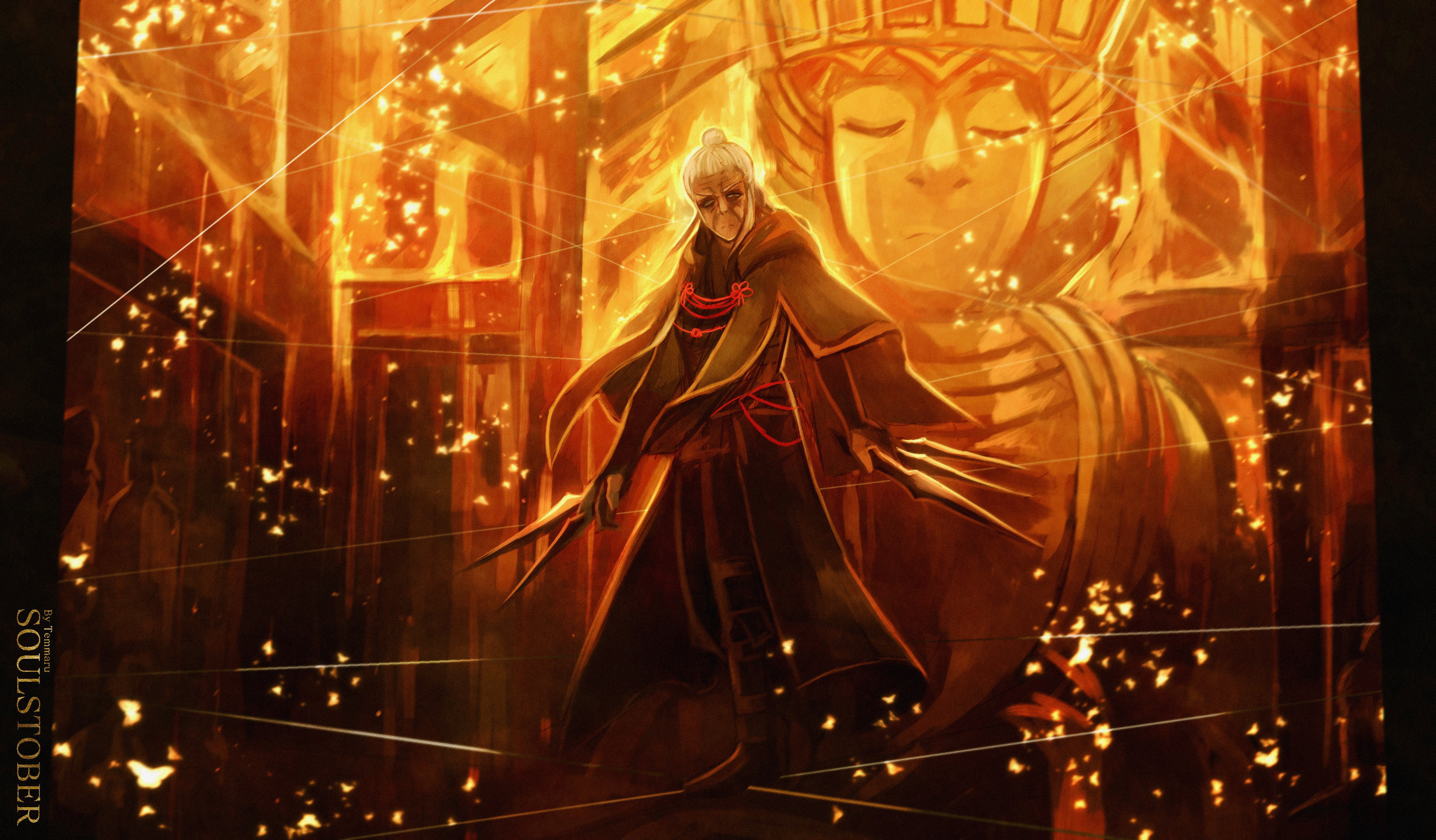 temmaru1, lady butterfly, sekiro: shadows die twice, absurdres, commentary, english commentary, highres, 1girl, artist name, boss fight, fire, golden butterfly, holding, holding needle, in-universe location, inktober, looking at viewer, needle, old, old woman, solo, standing, statue