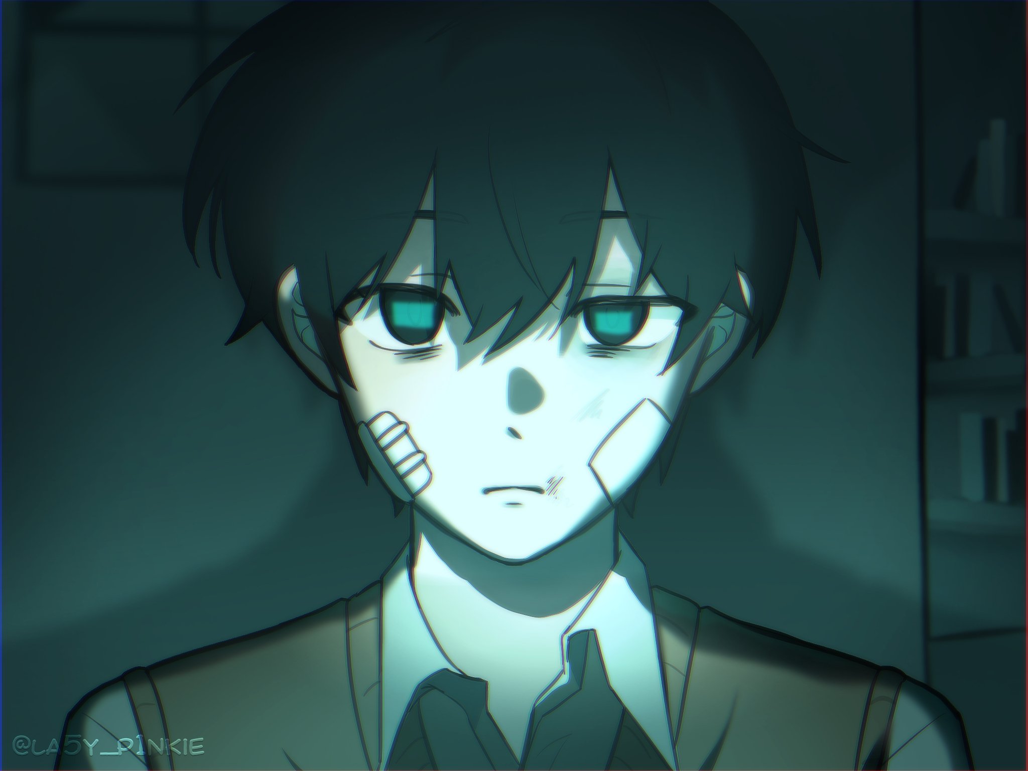 omniscient reader's viewpoint, highres, 1boy, bandage on face, bandages, bandaid, bandaid on face, black eyes, black hair, bookshelf, bruise, bruise on face, collared shirt, exhausted, eye reflection, injury, la5y p1nkie, looking at viewer, male focus, monitor, oldest dream, reflection, shadow, shirt, short hair, solo, straight-on, upper body, vest, white shirt, yellow vest