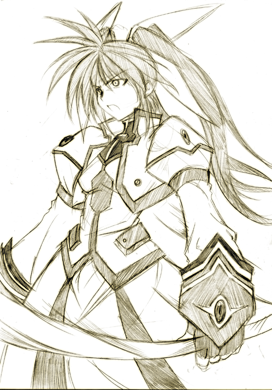 hagane soushi, raising heart, takamachi nanoha, takamachi nanoha (exceed mode), lyrical nanoha, mahou shoujo lyrical nanoha, mahou shoujo lyrical nanoha a's, 00s, 1girl, brown theme, female focus, fingerless gloves, gloves, hair ribbon, long hair, monochrome, ribbon, sketch, solo, twintails, very long hair