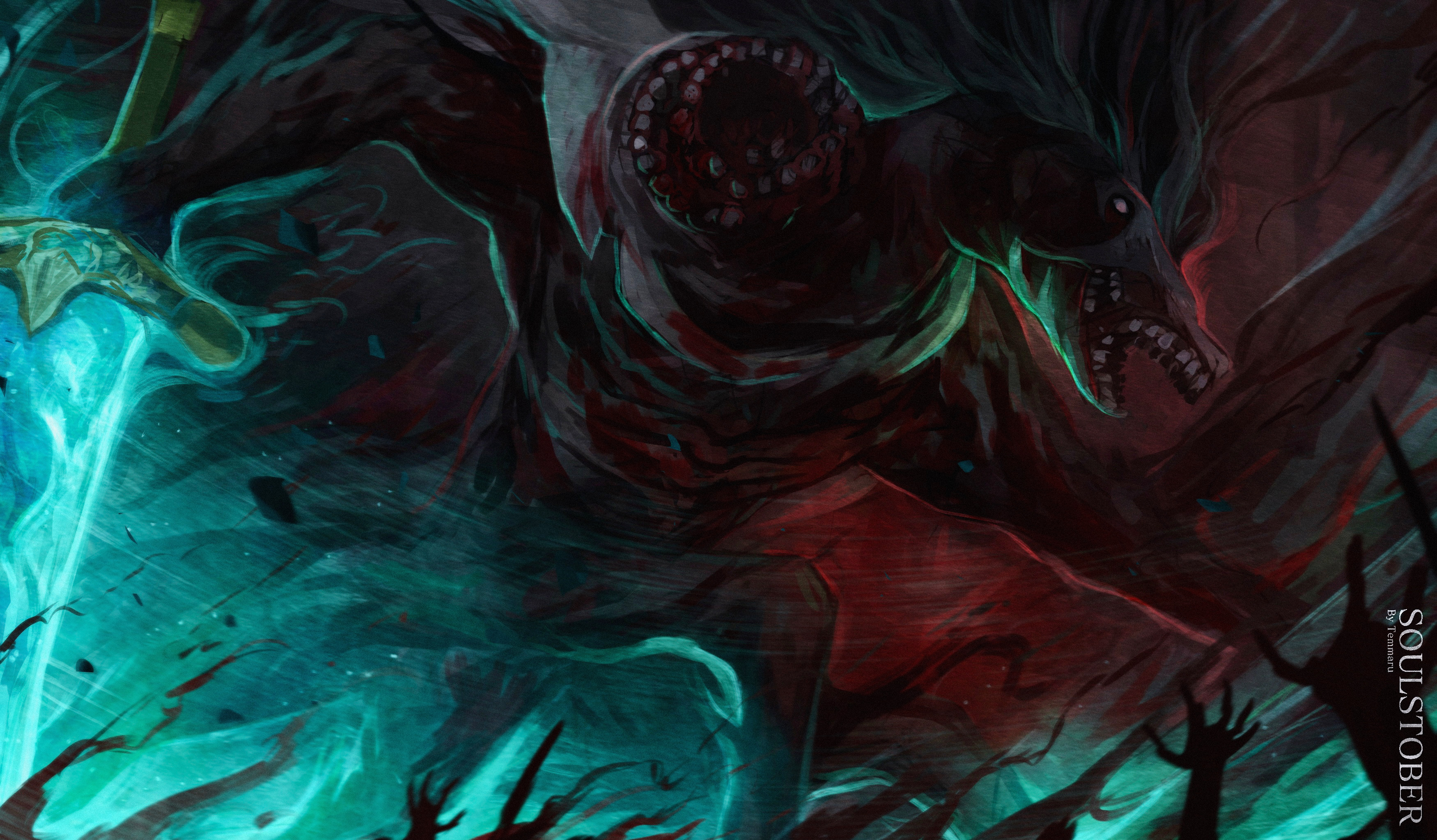 temmaru1, ludwig the accursed, bloodborne, absurdres, highres, 1boy, artist name, blood, boss fight, extra mouth, greatsword, holding, holding sword, holding weapon, inktober, long hair, male focus, monster, moonlight greatsword, open mouth, sword, weapon