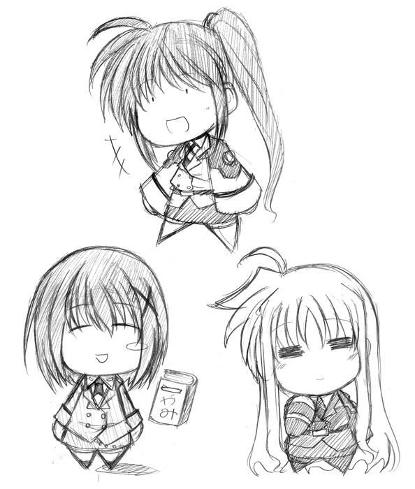 hagane soushi, fate testarossa, takamachi nanoha, tome of the night sky, yagami hayate, lyrical nanoha, mahou shoujo lyrical nanoha, mahou shoujo lyrical nanoha strikers, 00s, 3girls, book, chibi, greyscale, long hair, military, military uniform, monochrome, multiple girls, ponytail, short hair, sketch, very long hair