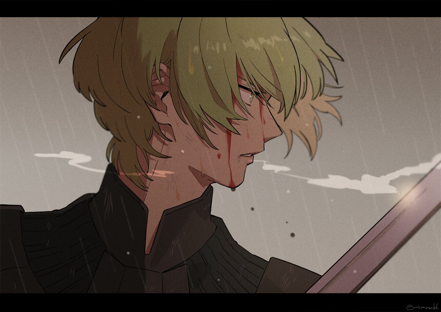 nzmnnkk, male byleth (awakened) (fire emblem), male byleth (fire emblem), fire emblem, fire emblem: three houses, nintendo, commentary request, 1boy, armor, black armor, black gorget, blood, blood on face, film grain, floating hair, from side, gorget, green eyes, green hair, grey sky, injury, letterboxed, male focus, official alternate hair color, parted lips, profile, rain, short hair, sky, solo, sword, teeth, weapon