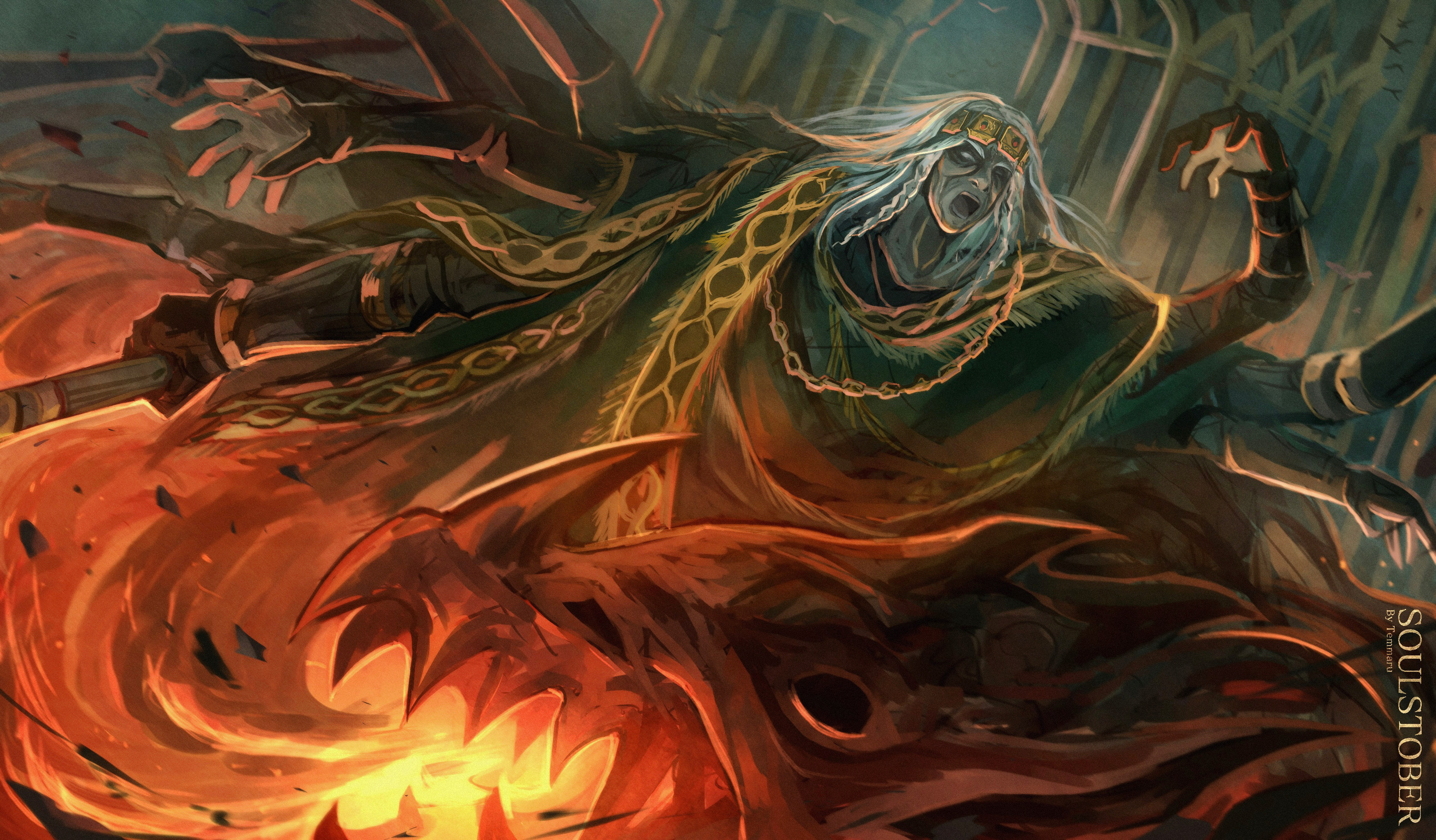 temmaru1, godrick the grafted, elden ring, absurdres, commentary, english commentary, highres, 1boy, artist name, boss fight, extra arms, fire, inktober, long hair, male focus, old, old man, solo, standing, white hair