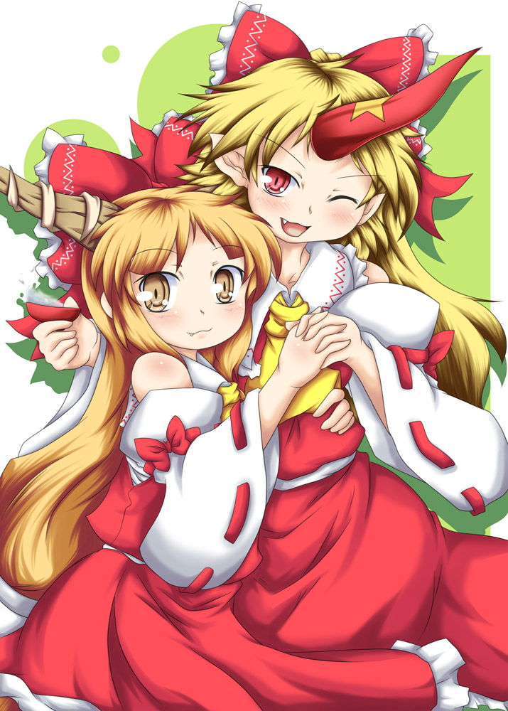 konata gazel, nanatsuhane, hakurei reimu, hoshiguma yuugi, ibuki suika, touhou, bad id, bad pixiv id, 2girls, alcohol, cosplay, detached sleeves, fang, female focus, hakurei reimu (cosplay), horns, japanese clothes, miko, multiple girls, ribbon, sake, single horn