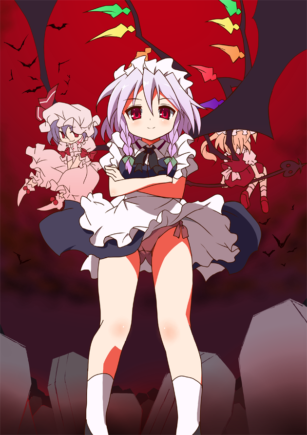 9law, flandre scarlet, izayoi sakuya, remilia scarlet, embodiment of scarlet devil, touhou, silver hair, bad id, bad pixiv id, 3girls, bat wings, blonde hair, blue hair, female focus, gradient background, hairband, hat, maid, mob cap, multiple girls, panties, red eyes, ribbon, short hair, side-tie panties, underwear, wings