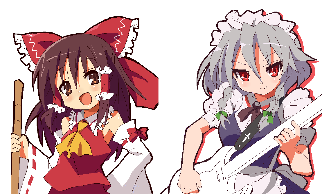 9law, hakurei reimu, izayoi sakuya, embodiment of scarlet devil, touhou, silver hair, bad id, bad pixiv id, 2girls, brown eyes, brown hair, female focus, fender stratocaster, guitar, hairband, instrument, maid, multiple girls, oekaki, red eyes, ribbon, short hair